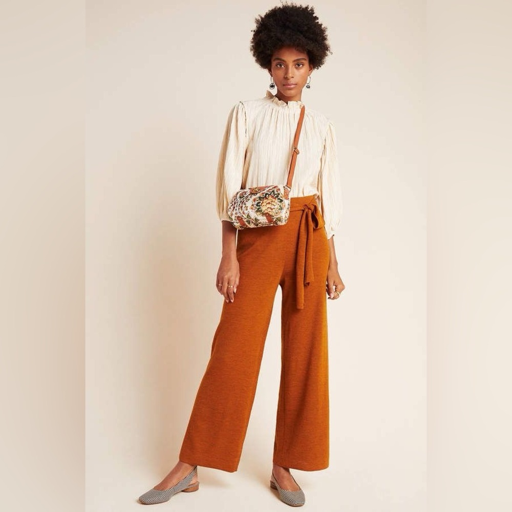 Anthropologie Women's Linette Merino Wool Wide Leg Tie Front Brown Pants- Size S
